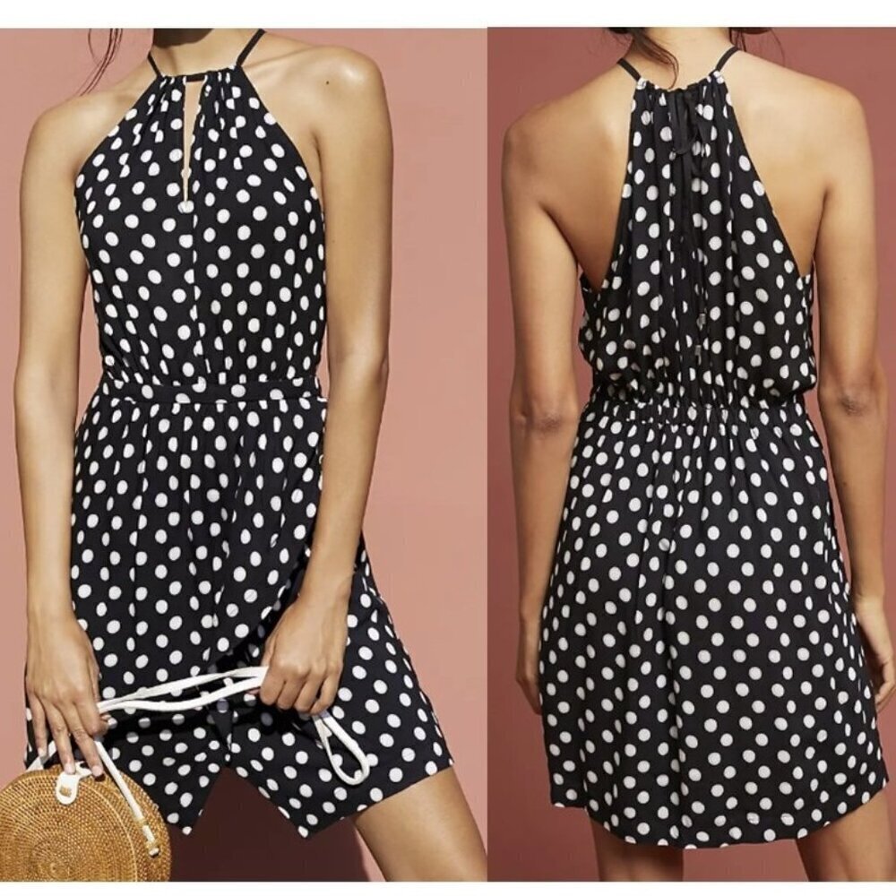 Maeve By Anthropologie Polka Dot Halter Asymmetrical Black And White Mini Dress